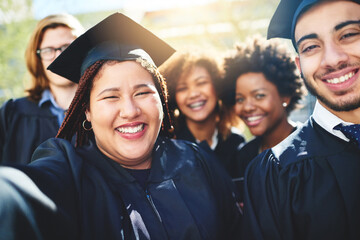 Poster - We couldnt be happier that this day has come. Cropped shot of a group of students taking a selfie together.