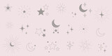 Fototapeta  - Gwiazdy i półksiężyce - srebrne błyszczące ikony. Gwieździsta noc, spadająca gwiazda, fajerwerki, migająca gwiazdka, świecące, wektorowe ilustracje.