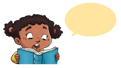 Canvas Print - illustration of little african american girl reading and talking with speech bubble