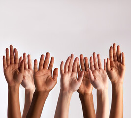 Poster - Raise your hands if you support diversity. Cropped shot of a diverse group of people raising their hands.