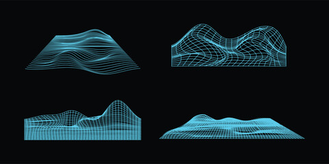 Abstract wireframe 80s style. Retro futuristic grid illustration. Technology design graphic element. Pack of cyberpunk design style in vector.