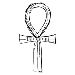 Wall Mural - Ankh cross. Key of life. Ancient Egyptian sacred symbol. Hand drawn linear doodle rough sketch. Black silhouette on white background.