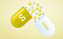 Sulfur Capsule With S, Element Icon, Healthy Food Symbol. Medical Minerals And Macronutrients On A Yellow-orange Gradient Background. Poster.