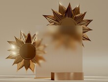 3D Background Natural Stone Platform Glass Showcase Golden Blossom Autumn Sunflower Mock Up Empty Podium For Product Display Backdrop Pastel Art Deco Studio Minimal Shadow Text Space For Presentation