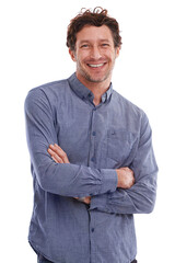 Poster - Hes got that genuine sorta smile. Studio portrait of a handsome young man on a white background.