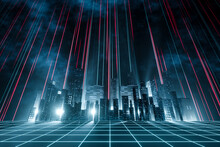3d Rendering Cityscape With Red And Light Blue Light Trail On Sky. Concept Futuristic City, Downtown District, Town At Night With Bright Neon Light.