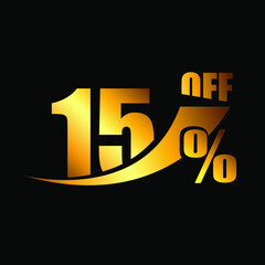 Vetor Black banner discount purchase 15% sale vector gold logo on a black background. Promotional business offer for buyers logotype. fifteen percentage off