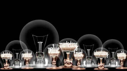 Wall Mural - Light bulbs going from dark to light with Brand, Logo, Quality, Advertising and Marketing fiber text on black background. High quality 4k video.