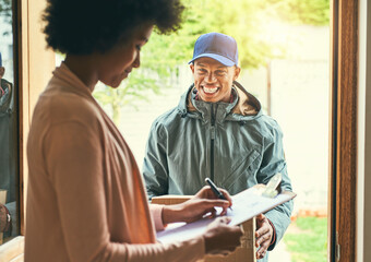 Poster - All I require is a signature please. Shot of a woman signing for her delivery from the courier.