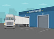 © flatvectors - White semi truck leaving the warehouse after loading goods. Front view. Flat vector illustration template.