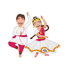 Canvas Print - Indian Couple Performing Kathak In Traditional Attire Against White Background.