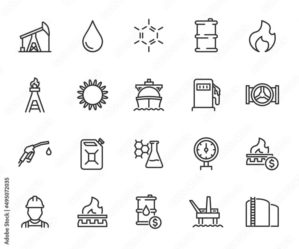 Vector set of oil and gas line icons. Contains icons oil well, gas ...