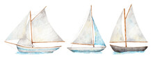Watercolor Illustrations Of Three Sailboats. Set Of Hand-drawn Ships