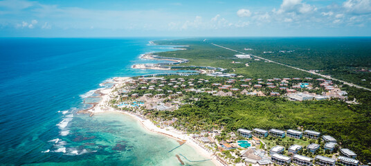 Wall Mural - Aerial view of the Coba beach in Quintana Roo, Mexico. Caribbean Sea, coral reef, top view. Beautiful tropical paradise beach