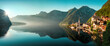 canvas print picture - The iconic Austrian town Hallstatt in early morning light, a panoramic gorgeous landscape with the mountains, the houses and the teal sky reflected in the water of the lake