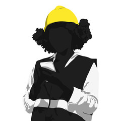 Wall Mural - African-American female warehouse worker. Engineer woman wearing a safety helmet and vest holding mobile phone and take note. Worker silhouette. Vector flat style illustration isolated on white