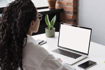 Sticker - Young woman using laptop computer at home. Business woman working in office. Freelance, student lifestyle, e-learning, studying, web site, technology and online shopping concept