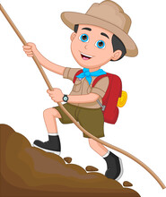 Boy Scout Climbing Hill On White Background