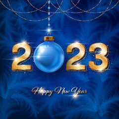 Wall Mural - 2023 New Year card template with shiny ball and golden glittering numbers on dark blue background