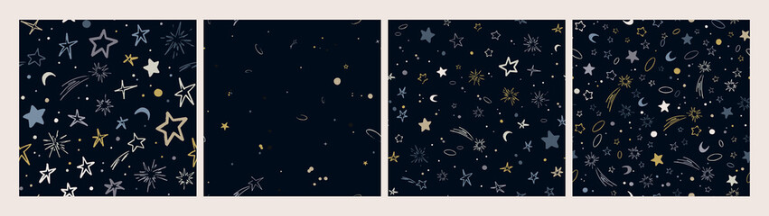 Wall Mural - Set of vector space seamless patterns with planets, comets, constellations and stars. Night sky hand drawn doodle astronomical backgrounds.
