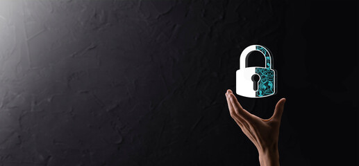 Cyber security network. Padlock icon and internet technology networking. Businessman protecting data personal information,virtual interface. Data protection privacy concept. GDPR. EU.digital crime