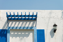 Beautiful Detail Of Architecture Building With Santorini Greece Blue White Style. Building And Architecture Decoration Concept.
