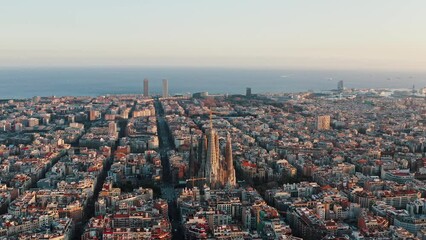 aerial wide shot city panorama of barcelona with modern and traditional architecture of urban landsc