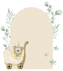 watercolor illustration card baby shower with eucalyptus, stroller, bear, stars. isolated on white b