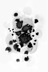 Beautiful watercolor ink drops on white paper, paint bleed Bloom, with black circle organic flow expanding, splatter spreading on clear background