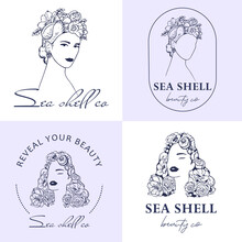 Vector Boho Woman Logo. Head With Seashell, Flowers, Bonnet. Illustration In Vintage Style, For Beauty Center, Fashion Studio,  Salon, And Cosmetics.
