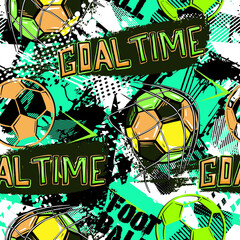 Abstract seamless fooball pattern for boys, sport textile, fashion clothes, wrapping paper. Grunge urban repeat soccer ball print with words Goal. Colorful wallpaper 