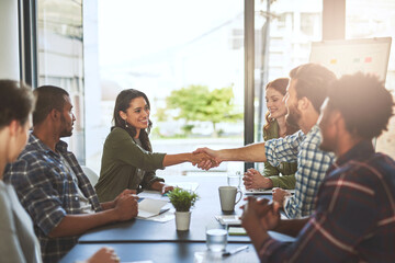 Aufkleber - Shaking to exceptional work together. Cropped shot of businesspeople shaking hands in a modern office.
