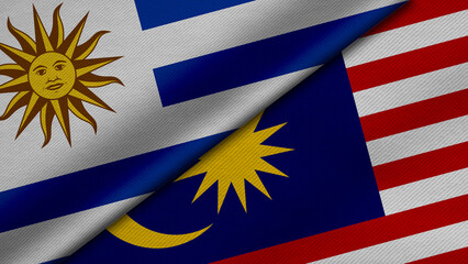 3D Rendering of two flags of Oriental Republic of Uruguay and Malaysia together with fabric texture, bilateral relations, peace and conflict between countries, great for background