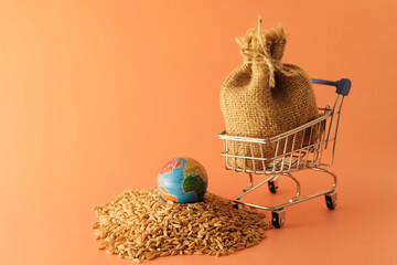 A bag of wheat in a grocery cart, spilled, near the globe, earth globe. Concept - world food crisis, export, import. The issue of harvest in different countries of the world, the impact of sanctions