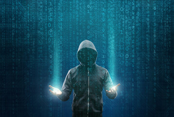 Wanted Hacker is Coding Virus Ransomware Using Abstract Binary Code. Cyberattack, System Breaking and Malware Concept.