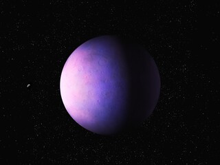 Fantastic exoplanet, sci-fi background. Planet with atmosphere and solid surface in space. Alien planet in purple tones.