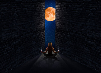 Wall Mural - Woman looking at the moon