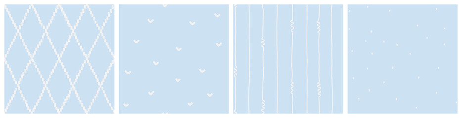 Soft blue low contrast background set. Seamless pattern collection for table linens, bedding textile, baby nursery wallpaper. Neutral hand drawn stripe, dot, diamond rhombus designs.