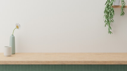 Minimal cozy counter mockup design for product presentation background. Branding in Japan style with wood top green counter and warm white wall with vase plant ceramic mug. Kitchen interior 3D render.