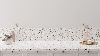 Wall Mural - Minimal cozy counter mockup design for product presentation background. Branding in modern style with white granite top tile wall and beige counter with daisy dandelion. Kitchen interior 3D render.