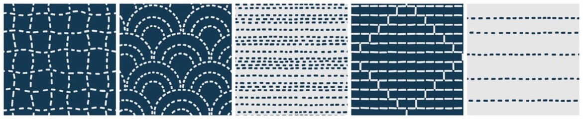 Sashiko embroidery seamless pattern set. Seigaiha, waves of sea and coordinating line and grid designs. Vector background collection with traditional Japanese textile decoration stitching technic.