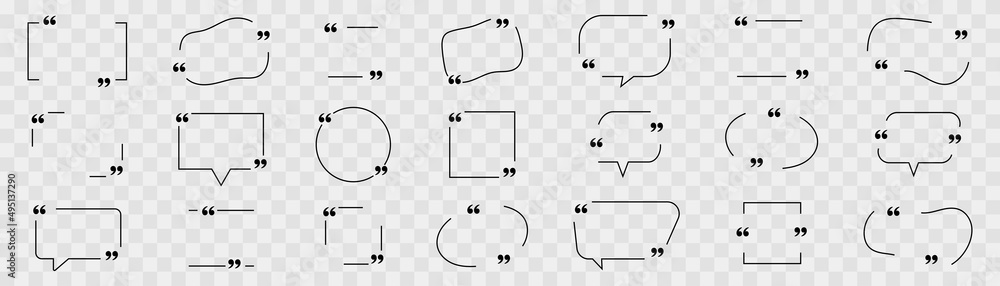 Collection of quote box frames and icons. Text in brackets. Blank ...