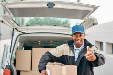 Poster - Its been a good day of deliveries. Portrait of a courier showing thumbs up while unloading boxes from a delivery van.