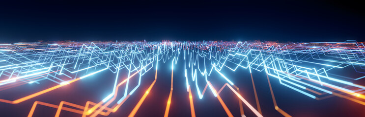 Wall Mural - super wide abstract data center, server, internet, speed background. futuristic hud tunnel. blue tec