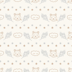 Wall Mural - Calm newborn minimal animal seamless pattern. Gender neutral baby nursery decor background. Scandi style sketch wallpaper background tile or toddler inclusive apparel fashion.