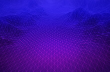 Abstract 3D Cyber Style, Geometric Background. A Futuristic Wireframe Aesthetic, Dark 3D Purple Illustration Template, Ideal For Technology Or Science Compositions