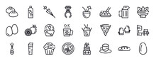 Food Thin Line Icons Set. Food Outline Icons Collection. Mantou, Plastic Water Bottle, Fishing Tool, Ring Pop, Drink In A Coconut, Chow Mein, Jar Of Beer Simple Vector Illustration.