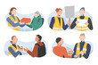 Volunteers helping refugees, serving food, giving blankets, preparing hot meals, people volunteering, wearing safety vests, badges, helping and supporting community, charity work, vector illustration