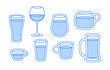 © SON OF MY  FATHER - Collection of drinks. Blue outline illustration for web design, menu. Set of different glasses and cups. Coffee, tea, wine, juice, beer, water, cocktail.