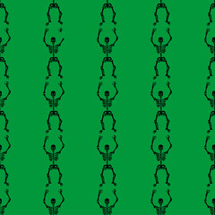 Wall Mural - Seamless pattern with black skeletons dancing and having fun on a green background.